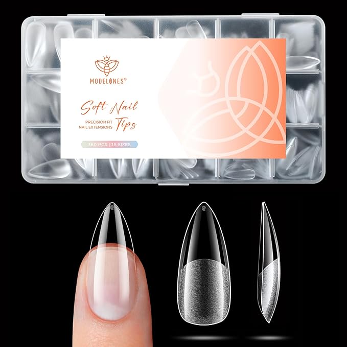 modelones Medium Stiletto Gel Nail Tips, 360pcs Pre-etched Clear Fake Nails Press On Full Cover Half Matte 15 Sizes Acrylic Gel Tips for Extension Salon