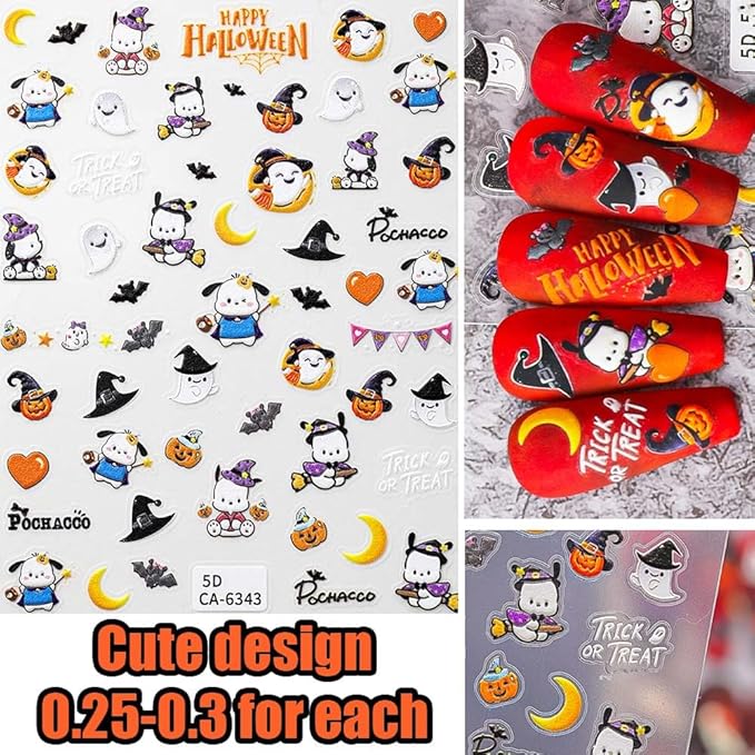 7 Pics 5D Halloween Nail Stickers, Small Cute Cartoon Nail Stickers for Kids, Girls and Women, Goth Nail Charms, Accessories for Nail Art, Pegatinas para Uñas