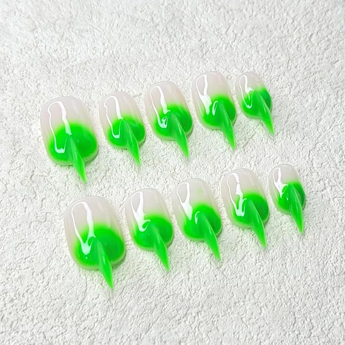 10 Pcs Cat Claw Press on Nails Medium Curved Stiletto False Nails Luxury 3D Green French Tip Cat Claw Handmade Fake Nails Unique Thick Gradient Designs Glossy Acrylic Glue on Nail (S)