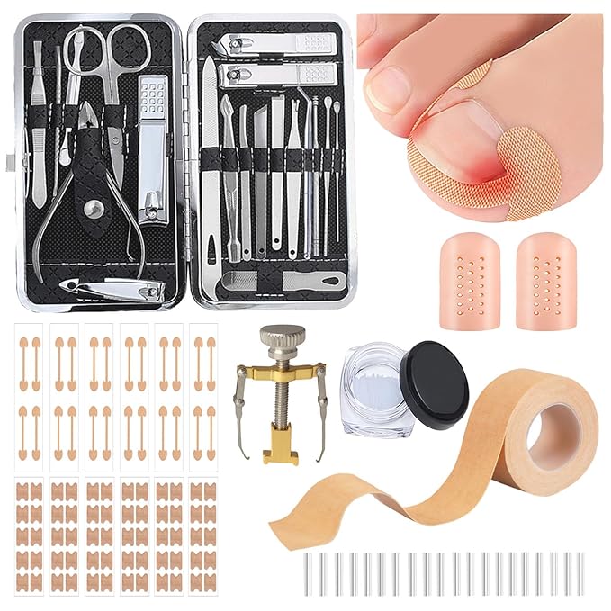 Professional ingrown toenail correction kit with travel storage box, pedicure tools, ingrown toenail patches, nail clippers, and nail file for convenient at-home foot care.