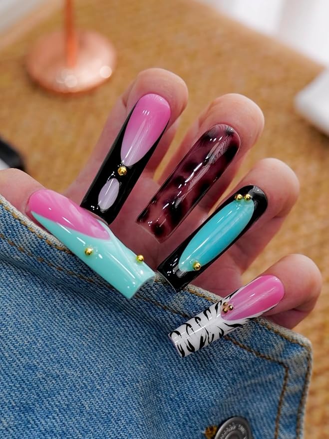 HAND-PAINTED White Press Ons Neon Small Press on Nails Long French Press on Nails Coffin Medium Short Nail art Fake Nail Art Kit with 7g Glue on Nails Handmade Almond Square Nails (Large, J6)