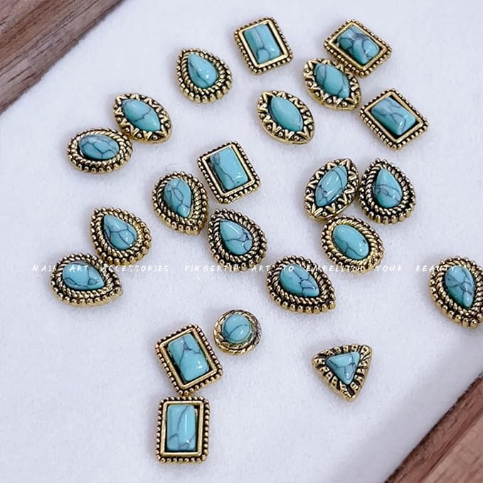 50 PCS Metal Turquoise Nail Charms - Western Cowboy Nail Art Decorations, 3D Nail Gems for DIY Manicure, Mixed Shapes Nail Accessories for Gel Acrylic Nails (B)