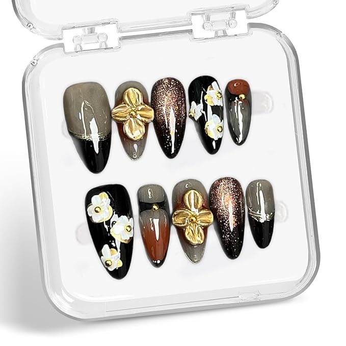 Handmade Press on Nails Medium Almond False Nails Black French Tip Stick on Nail 3D Fall Golden Flower Designs DIY Glitter Nail Art Reusable Multi-Layer Gel & Thick Acrylic Fake Nails for Women (S)