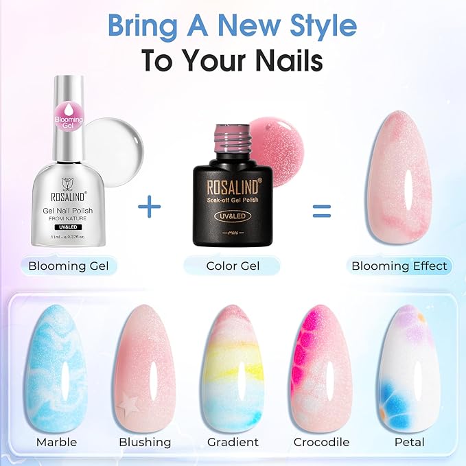 ROSALIND 2Pcs 11ml Blooming Gel and Glitter Top Coat, Clear Blooming Gel Nail Polish Stuff for Spreading Effects, Floral Print, Marble, Watercolor Design