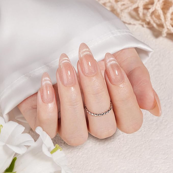 VSALON Press On Nails Medium Almond, Nude French Tip Cat Eye Shimmer Nails, Salon Quality Semi-transparent Fake Nails Kit - 32 PCS Stick on Nails in 16 Sizes with UV Glue & Cuticle Oil