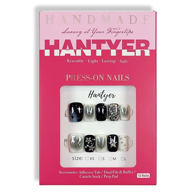 Short Square Press On Nails, Handmade Soft Gel Dark Glam Metallic Fake Nails with Silver 3D Stars & Sculptural Accents, Grunge Inspired Reusable False Nails 10PCS Kit (Size XS)