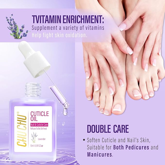 CHUCHU Cuticle Oil for Nails: Lavender Jojoba Nail Cuticle Oil with Vitamin B & E for Moisturizes Cuticle and Nail's Skin - Prevents Hangnails and Chapped 15ML