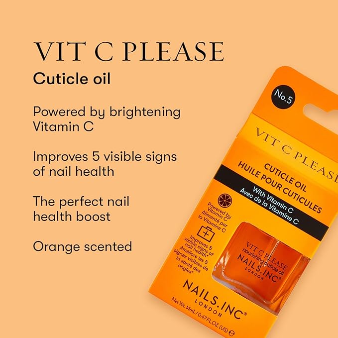 Nails Inc Vit C Please Nourishing Cuticle Oil With Vitamin C, Hydrating & Brightening, Cuticle Treatment, Orange Extract, Moisurizing Formula, Strengthening, Healthier Nails, 0.47 Fl Oz