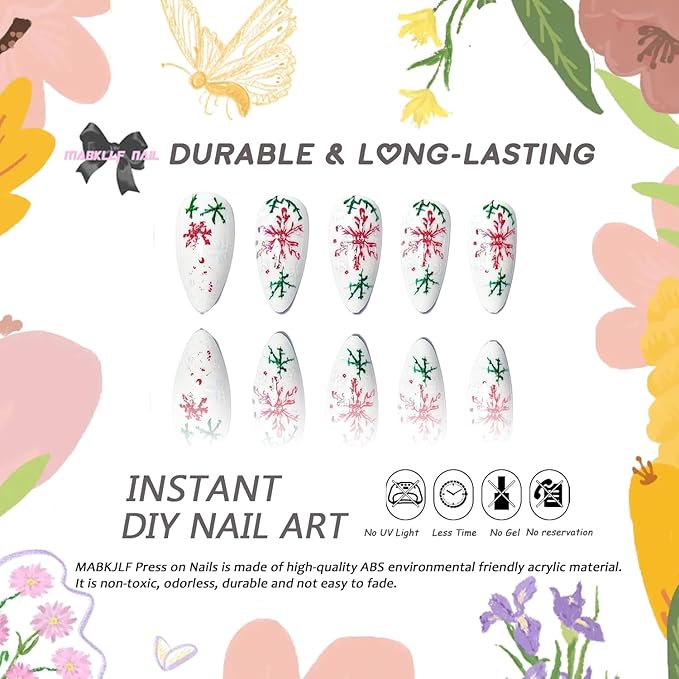 Christmas Press on Nails MABKJLF Medium Almond Fake Nails Green Twig False Nails with Snowflake Designs Full Cover Glossy Glue on Nail Winter Reusable Acrylic Nails for Women Girls 24Pcs
