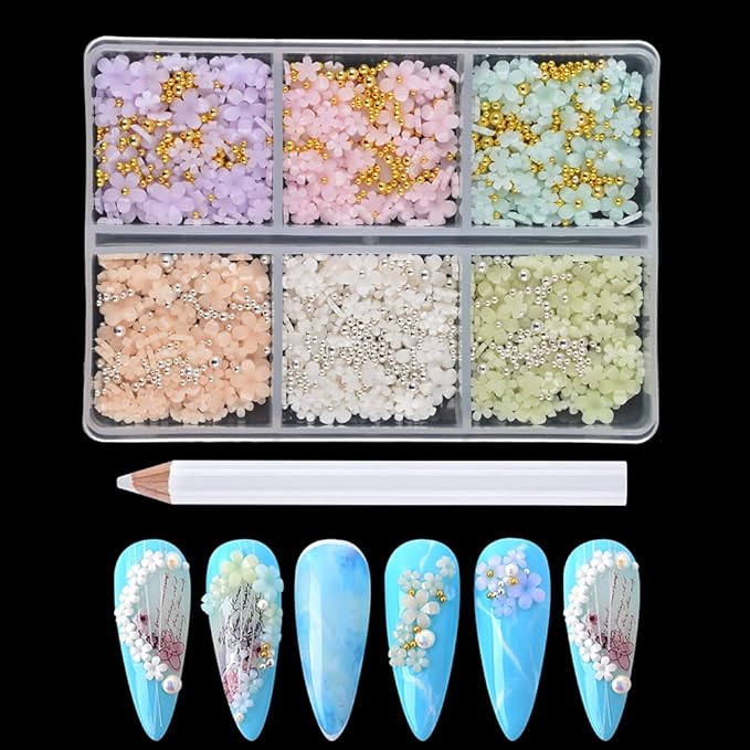 Mixed 3D Flower Nail Charms and Metal Caviar Beads, Acrylic Resin Flowers Nail Design Gold Silver Nail Ball Beads for DIY Decoration Nail Craft Accessories With Pickup Pencil
