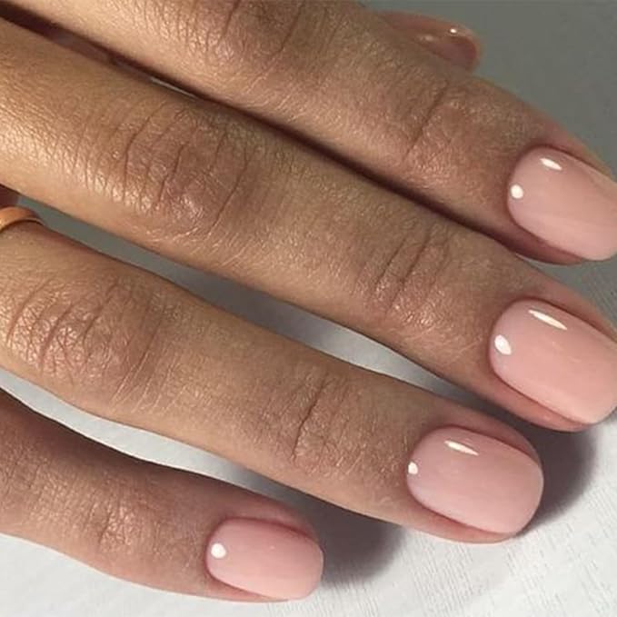 Modelones 32Pcs Peach Pink Press on Nails, Spring Short Square Fake Nails, Reusable Nail Kit with Nail Glue Adhesive Tabs Mini Nail File, Nails Press Ons 16 Sizes, Women Girl Gift