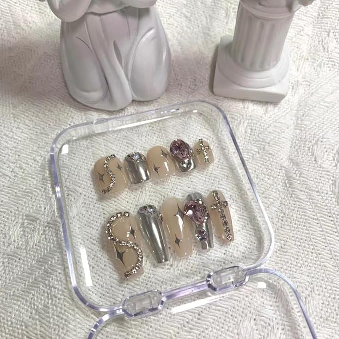 3D Squoval Press on Nails, Middle Ladder Fake Nails Pink Rhinestones False Nails Middle Pink Press on Nails for Women Girls Nail Art Decoration - Middle