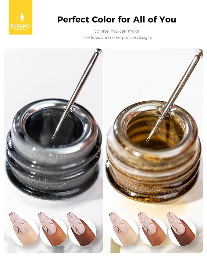 BURANO Silver Gold Metallic Gel Nail Polish Liner Nail Art Polish, 3D Painted Mirror Chrome Painted Gel Nail Design Polish 2 Bottle 8ml Chrome Nail Polish Curing Required LX33 LX32