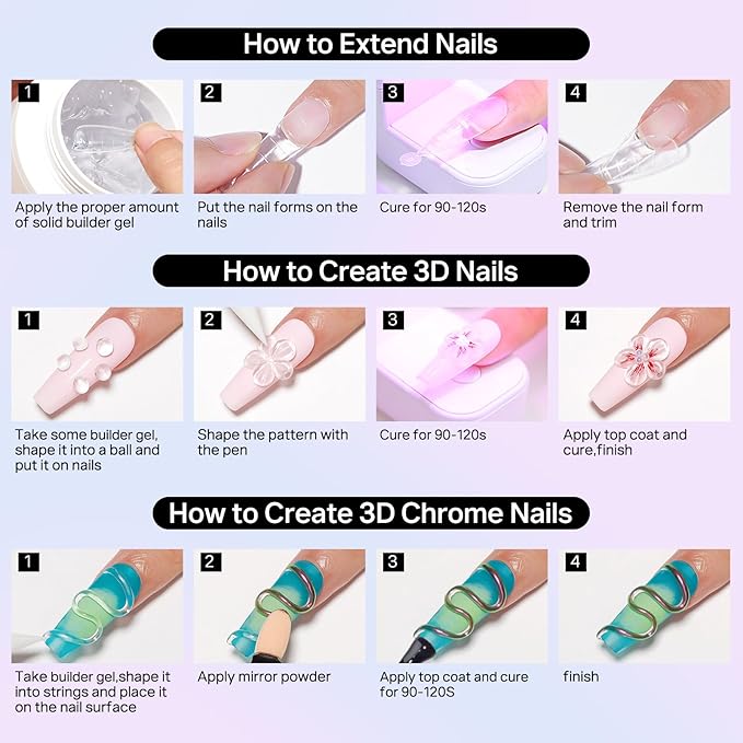 MIZHSE 3PCS 3D Nail Art Gel Clear and White Solid Builder Gel for Nails, 5 in 1 Non-Sticky Sculpture Hard Building Gels with Dual Form for 3D Carving Patterns Flowers for Beginner DIY Salon at Home