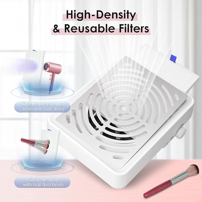 Nail Dust Collector with Lamp&50pcs Disposable Filter&Dusting Brush, Electric Nail Vacuum Cleaner Dust Fan Suction Machine for Manicure Acrylic Gel Nails Polishing, Low Noise,Salon Home