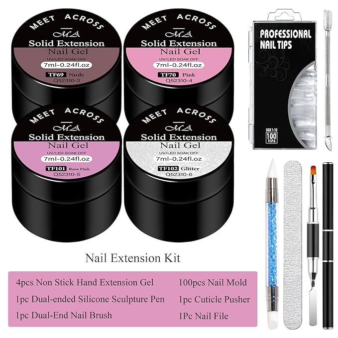 MEET ACROSS 9Pcs 3D Builder Gel Kit for Nail Art Dirty Pink Sliver Non Sticky Hand Carving Extension Solid Builder Gel for Nails with Silicone Pen Manicure Kit 4 Colors