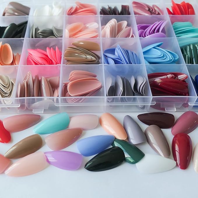 AddFavor 576pcs Almond Press on Nails Medium Fake Nails Full Cover Short Stiletto Nails Press ons Glossy Acrylic Artificial False Nail Tips for Women Girls Nail Art Manicure