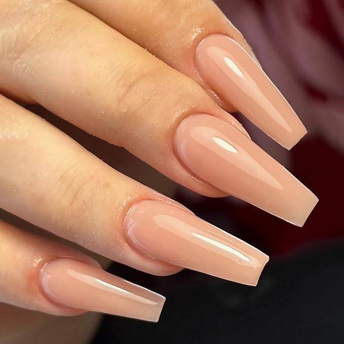 Ballerina Press on Nails Extra Long, Glossy Nude Fake Nails Coffin Solid Acrylic Press Ons for Women, Natural Fit Full Cover Glue on Nails in 12 Sizes - 24 Pieces Nail Kit
