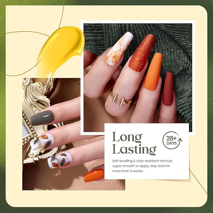 Beetles Gel Nail Polish Set 6Pcs Brown Green Yellow Burgundy Orange Glitter Gel Polish Nails Art Soak off Uv LED Manicure Gift Set Golden Season Collection 2025 Nail Trend Gift for Women