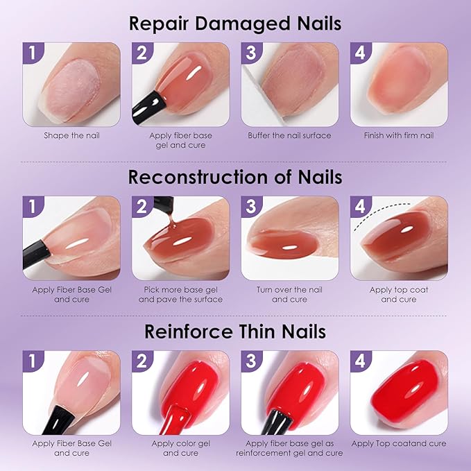 Fiber Glass Rubber Base Gel Nail Polish, Glossy Glass Brush on Nails Strengthener Base Coat for Repair Broken Damaged Nails, LED UV Lamp Required Soak Off Building Gel-02,7ml