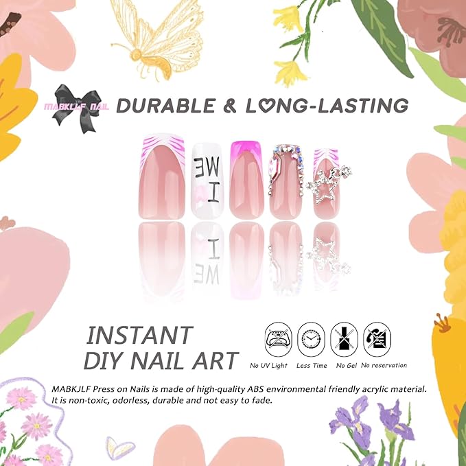 French Tip Press on Nails Medium Square MABKJLF Fake Nails 3D False Nails with Designs Water Ripple Rhinestones Stars Charm Zebra Print Glossy Glue on Nails Acrylic Nails for Women Girls 24 Pcs