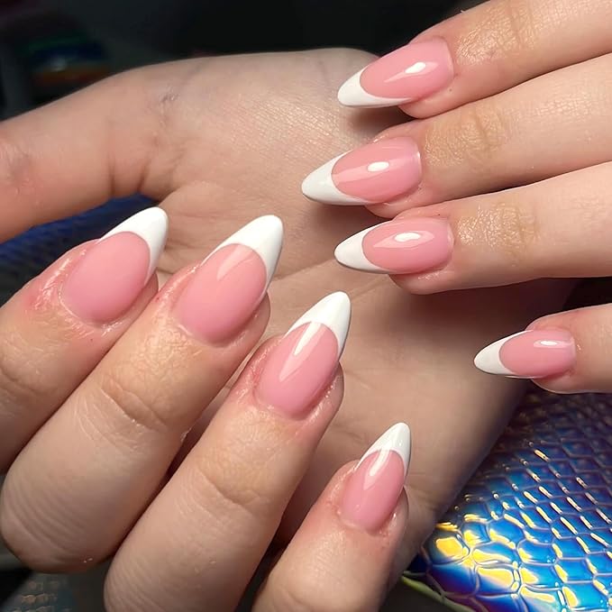 AddFavor 120pcs French Tip Press on Nails Medium Almond Fake Nails White French Tip Nails Gel Glossy Nude Nails Press on Artificial False Nail with Adhesive Tab for Women Girls