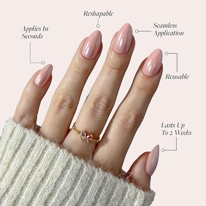 Glamnetic Press On Nails - First Kiss Fake Nails | Short Almond Neutral Pink Nails with a Glaze Finish | 15 Sizes - 30 Nail Kit with Glue