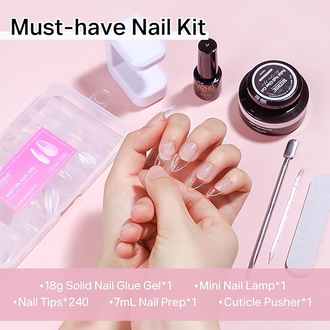 MIZHSE Gel Nail Kit Short Almond Gels Nail Tips, Solid Nails Glue Gel for Press On Nails with Portable U V Lamp 240Pcs 12 Sizes Half Matte Nail Tips Extension U V LED Gift for Women