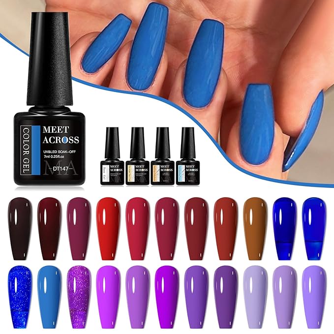 MEET ACROSS 30Pcs Gel Nail Polish Set 22 Colors Gel Polish Kit Nude Burgundy Red Blue Purple Gel Polish for All Seasons Soak Off UV/LED Manicure Gift for Women Girls