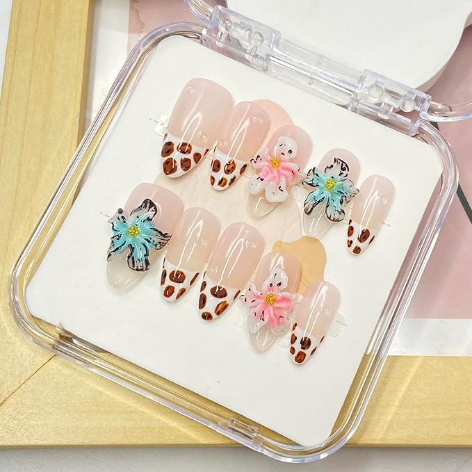 Handmade Press on Nails French Leopard Press on Nails Medium Almond Fake Nails 3D Blue Flower Embossed False Nails Designs Full Cover Acrylic Nails for Women Girls DIY Manicure Decorations (Size S)