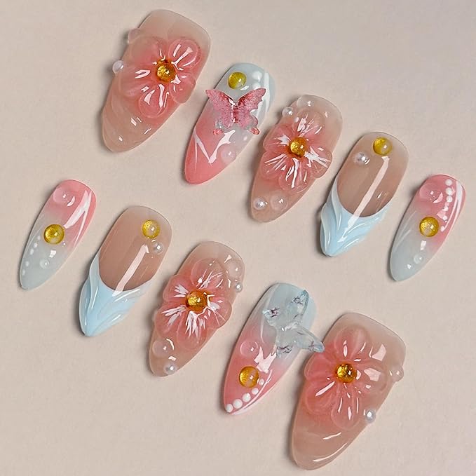 Blue French Press on Nails Handmade Medium Almond Nails with Glue,Nude Fake Nails with 5D Flower Art ＆ Butterfly Charm Design Muti-Layer Gel Handmade Nail Nature False Nails for Wome (Size M)