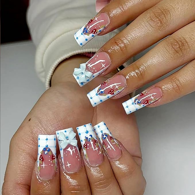 Square Press on Nails Medium Fake Nails with Designs Bow Stick on Nail Strawberry Acrylic False Nail French Glossy Artificial Nail Full Cover Glue on Nails for Women