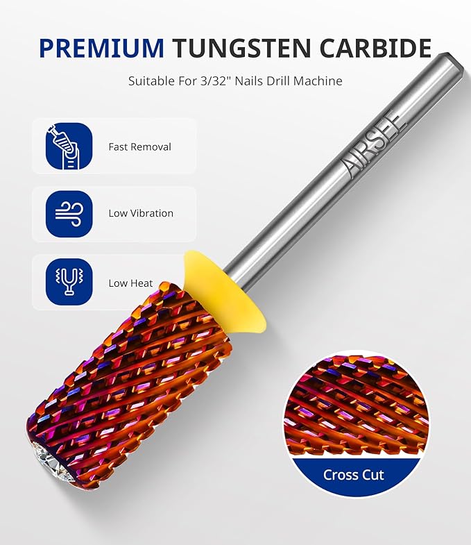 AIRSEE Tungsten Carbide Acrylic Nail Drill Bit Super Cut Bit Efile Electric File Machine Head Tip for Manicure Polishing Art Remove Gel Professional 3/32" Beginner Safety Crystal Top Barrel 2X Coarse