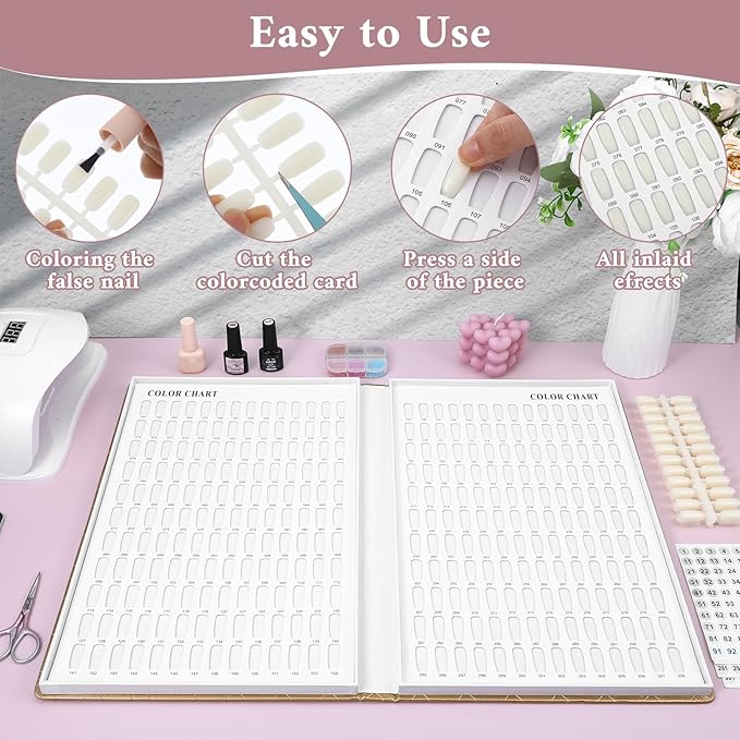 308 Colors Nail Swatches Book with 360 Nail Tips Professional Nail Color Chart Card Display Gel Polish Book Nail Painting Practice Design Board No Need Pasting, No Need Glue for Nail Salons
