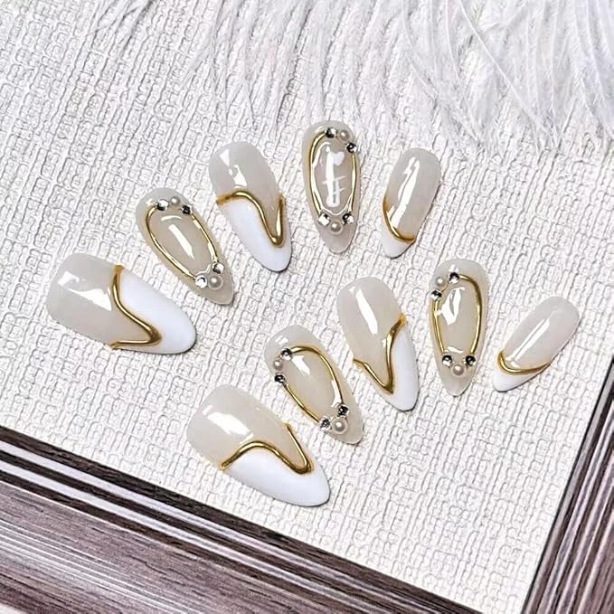 Women Press On Nails - Medium Almond False Nails 10Pcs Luxury Handmade 3D Painting Art ABS Acrylic Artificial-Medium Size