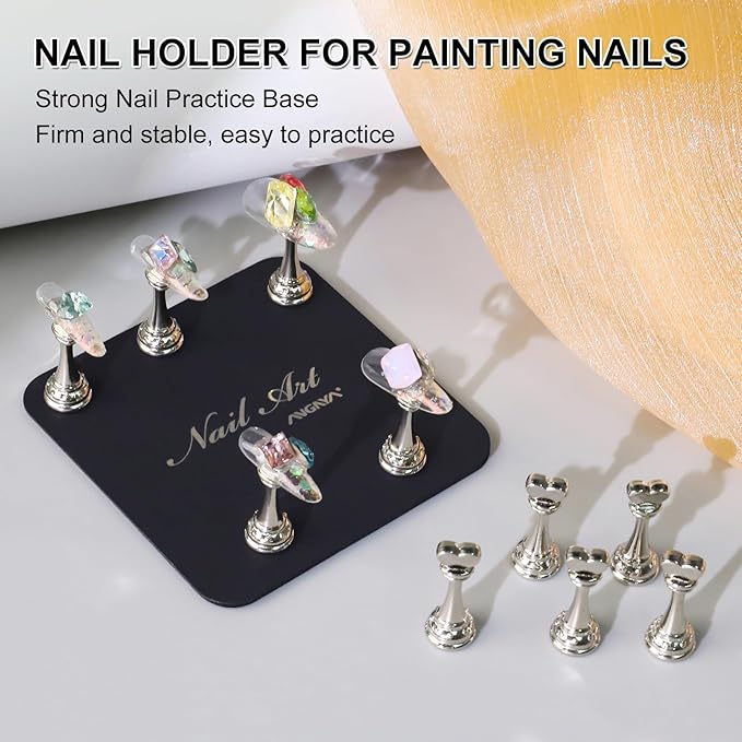 ANGNYA Nail Stand for Press Ons,Square Shape Super Magnetic Base Nail Holder for Painting Nails with 200 Pcs Reusable Double-Sided Tape for Nails Practice Nail Tools Home DIY Salon Supplies