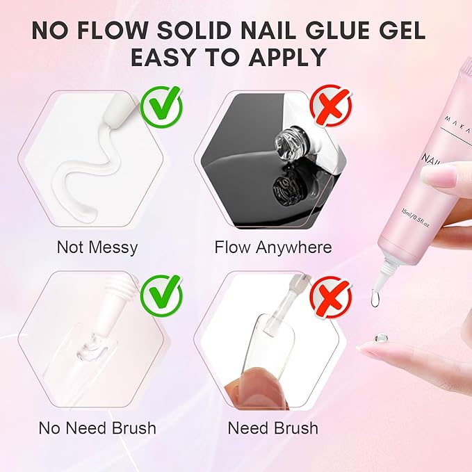 Makartt 3-in-1 Solid Gel Adhesive for Press-On Nails – Extra Strong False Nail Glue with Remover, Vitamin E Formula & 5 Wooden Sticks for Easy Removal