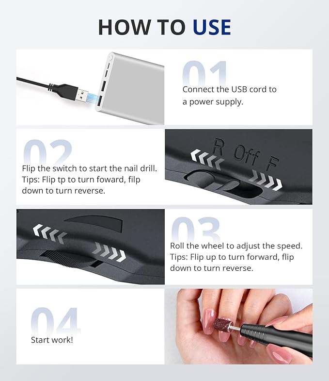 AIRSEE Studio Basic Electric Nail Drill, USB Portable Nail E File Machine for Professional Beginners, Manicure Pedicure Dremel Kit for Salon & Home Use, Black