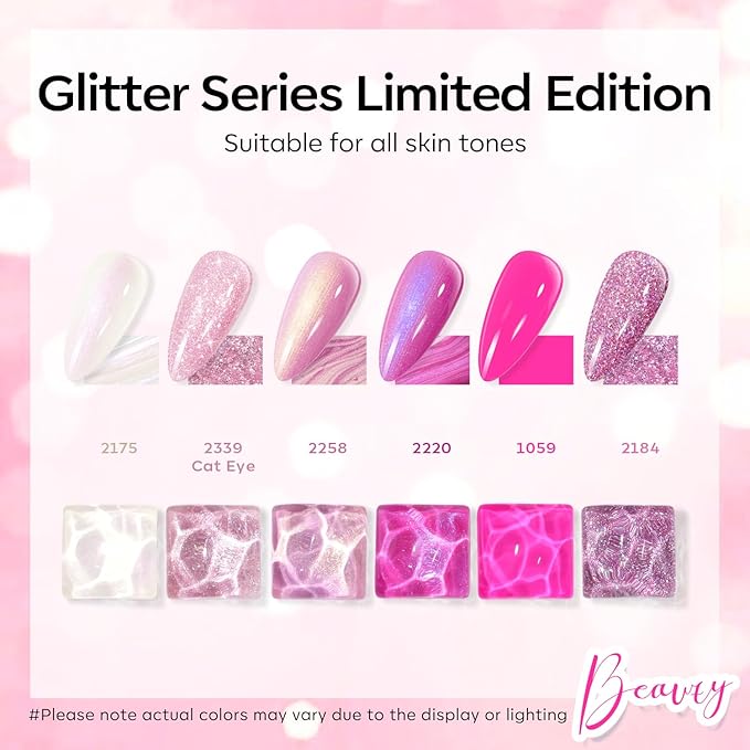 modelones Pink Glitter Gel Nail Polish Set, 6 Colors Valentine's Day Hot Pink Tones Sparkle Pink Shades Shimmer Cat Eye for Women Girl Nail Lovers Gift Salon DIY Nail Art Gel Nail Kit