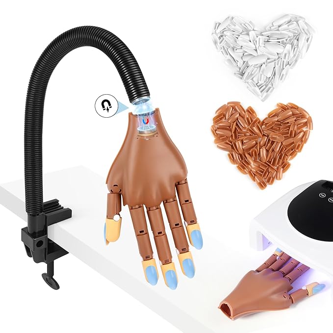 Magnetic Practice Hand for Acrylic Nails: Flexible Fake Hand Manicure Training Hand with Strengthen Nail Tips - Mannequin Hand with 200PCS Replacement Tips