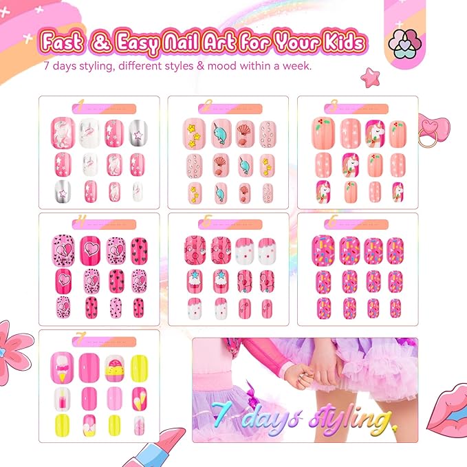 SAVILAND Press on Nails for Kids 168PCS: Kid Press on Nail for Girls Colorful Patterns Kids Fake Nails Tips Strong Adhesion Short Square False Acrylic Nail Art Christmas Easter Gifts 8-12 Years Child