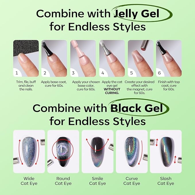 modelones Cat Eye Gel Nail Polish Green Gel Polish Jelly Glass with Magnet Holographic Glitter Shimmer Translucent Sheer Color Magnetic valentine Nail Polish Top Coat Salon DIY at Home 15 ML