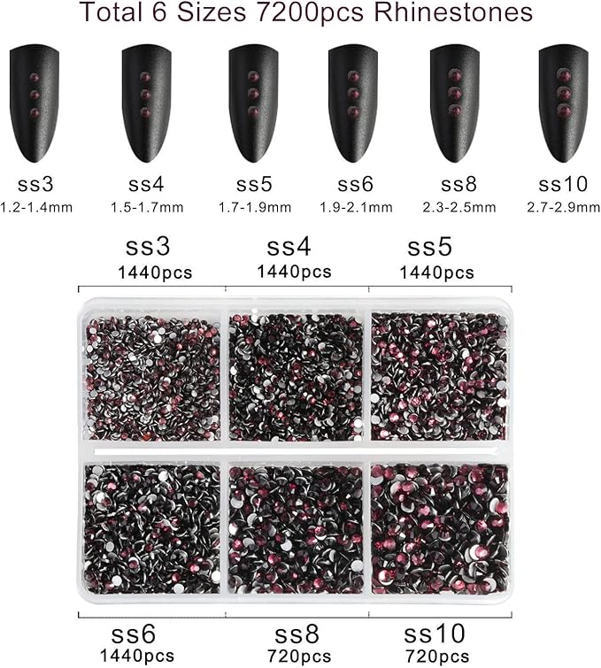 Beadsland 7200pcs Flatback Rhinestones,Burgundy Rhinestone Nail Gems Round Crystal Rhinestones for Crafts,Mixed 6 Sizes with Wax Pencil Kit, SS3-SS10,Amethyst