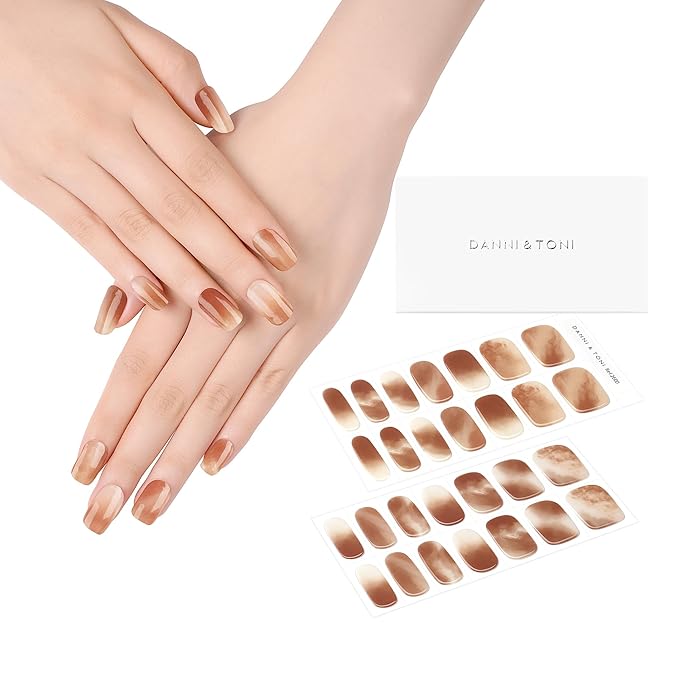 DANNI & TONI Semi Cured Gel Nail Strips Earthy Ombre (Autumn Essence) Brown Gradient Gel Nail Stickers 28 Stickers