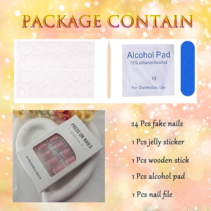 White French Tip Press on Nails Short Square Fake Nails Pink Stick on Nails Full Cover Reusable Glossy Acrylic False Nails Artificial Glue on Nails for Women Manicure 24 Pcs