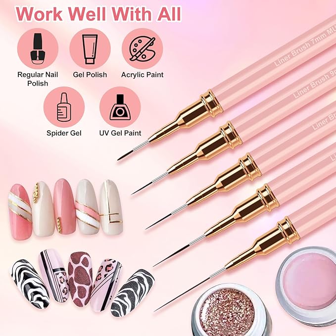 Nail Art Liner Brushes, 5Pcs Liner Brush For Nails, Painting Nail Art Brush Set Dotting Drawing Tool for Long Lines, Thin Details, UV Gel Polish Painting, Fine Drawing 7/9/11/15/25mm(Pink)