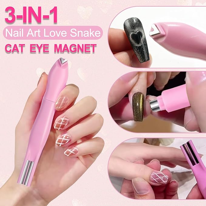 2 Pcs Nail Art Cat Eye Magnets For Nails, 2 Kinds Of 3 In 1 Versatile Magnet Tool For Cat Eye Gel Polish Magnets, Upgrade Magnetic Nail Art Tools, Heart, Lines & Cylinder Cateye Magnets