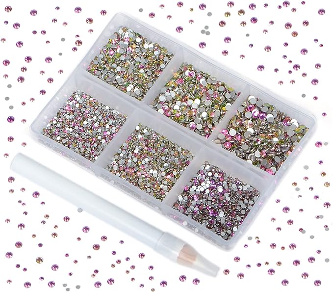 7200PCS Art Nail Rhinestones Non Hotfix Non-Magnetic Glue Fix Round Crystals Glass Flatback for DIY Jewelry Making with one Picking Pen (6-Sizes 7200PCS, Golden Rose)