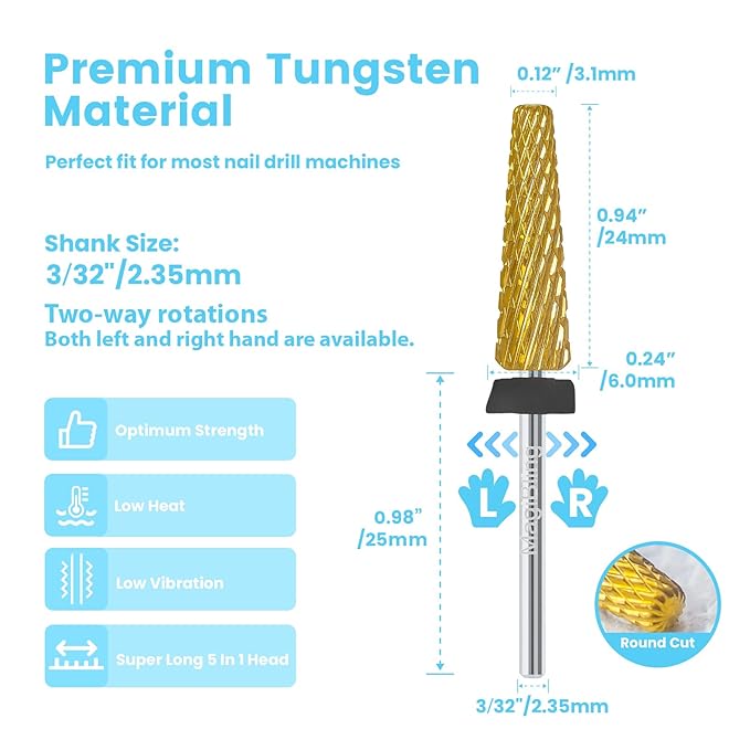 24mm Super Long 5-in-1 Tapered Barrel Nail Drill Bit, 3/32'' Tungsten Carbide E-File Bit for Fast Gel Removal & Long Nail Shaping, Two-Way Rotation Safety Bit for Acrylic Extensions, Extra Coarse
