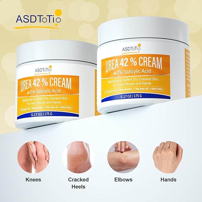 Urea Cream 42% - Foot Care for Dry Cracked Heels, Foot Lotion - With 2% Salicylic Acid, Tea Tree Oil, Shea Butter, Aloe Vera - For Feet, Hands, Heels, Elbows, Knees and More - 6 oz